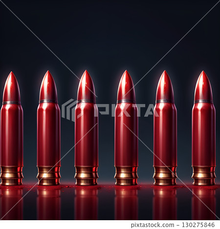 Bold red bullets gleam with metallic gold bases, arranged in a striking, powerful line against a dark, moody backdrop. Bold red bullets gleam with metallic gold bases, arranged in a striking, powerful line against a dark, moody backdrop. 130275846