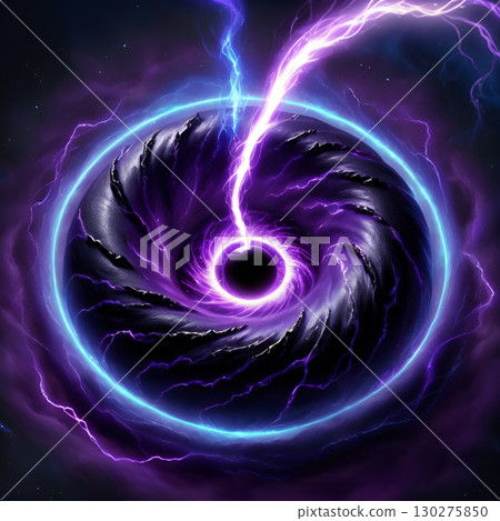 Experience the cosmic wonder of a powerful black hole with vibrant purple energy swirling amidst electric blue rings and bright lightning strikes. Experience the cosmic wonder of a powerful black hole with vibrant purple energy swirling amidst electric blue rings and bright lightning strikes. 130275850