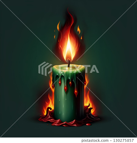 Mysterious green candle burns with fiery red flames and melting wax, casting a dramatic ambiance for occult or magical themes Mysterious green candle burns with fiery red flames and melting wax, casting a dramatic ambiance for occult or magical themes 130275857