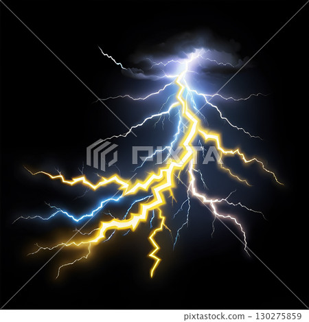 Dramatic lightning strikes illuminate dark stormy sky with powerful electric energy and bright atmospheric flashes 130275859