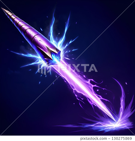Dynamic futuristic energy spear pierces darkness with vibrant purple and blue light trails and electrical sparks 130275869