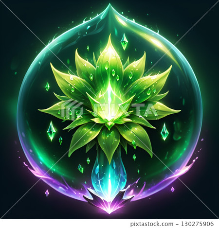 Vibrant green lotus flower glows with mystical energy encased in a shimmering protective bubble, radiating growth and renewal. 130275906