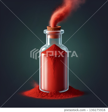 Vibrant red powder escapes a clear glass bottle with a cork stopper, creating a dynamic, abstract visual Vibrant red powder escapes a clear glass bottle with a cork stopper, creating a dynamic, abstract visual 130275916