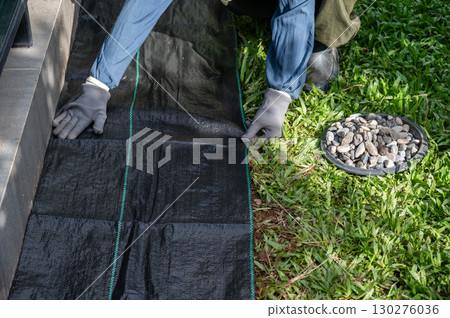 Gardener using black plastic sheeting for preventing weed growth by covered soil. It works by blocking sunlight, which is essential for plant growth, and essentially suffocating weeds. Gardener using black plastic sheeting for preventing weed growth by covered soil. It works by blocking sunlight, which is essential for plant growth, and essentially suffocating weeds. 130276036