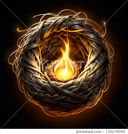 Warm glowing flame ignites new beginnings within a rustic woven nest, symbolizing hope and rebirth Warm glowing flame ignites new beginnings within a rustic woven nest, symbolizing hope and rebirth 130276049
