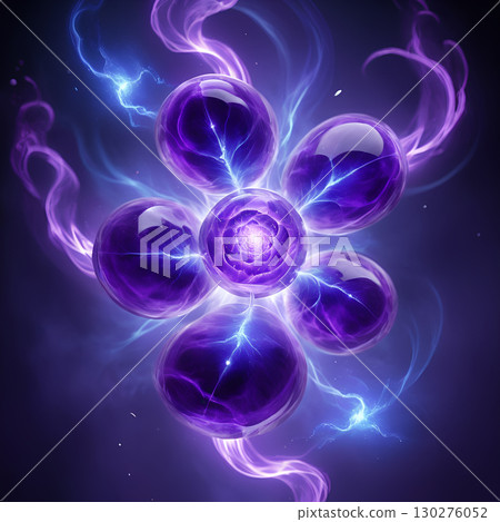 Captivating abstract purple energy orbs bloom with vibrant light and swirling wisps, symbolizing power and transformation. 130276052