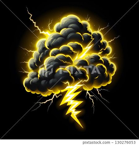 Dramatic dark storm cloud erupts with powerful yellow lightning strikes against a black background, conveying energy and intensity. Dramatic dark storm cloud erupts with powerful yellow lightning strikes against a black background, conveying energy and intensity. 130276053