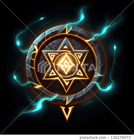 Mystic glowing amulet with crackling energy, ancient power symbol radiating light, perfect for fantasy game assets or occult themes Mystic glowing amulet with crackling energy, ancient power symbol radiating light, perfect for fantasy game assets or occult themes 130276072