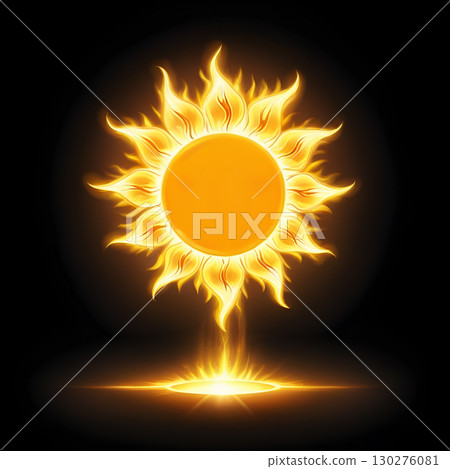 Radiant sun with fiery rays emerges from glowing horizon, casting bright, warm light against dark sky Radiant sun with fiery rays emerges from glowing horizon, casting bright, warm light against dark sky 130276081