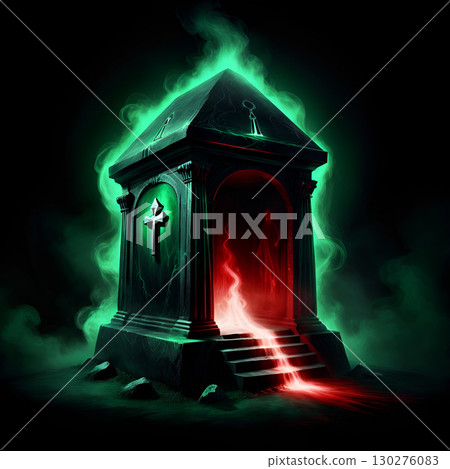 Enigmatic mausoleum emanates mystical green and red glow, hinting at ancient secrets and supernatural energy 130276083