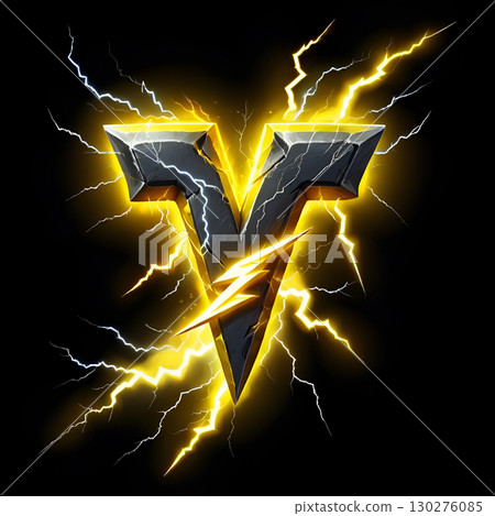 Powerful lightning bolts surround a striking, dark metallic radiating intense golden energy, perfect for impactful branding. 130276085