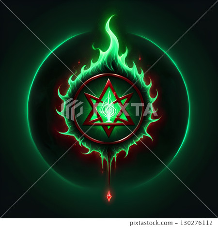 Mysterious glowing green cosmic sigil with fiery aura and red accents evokes powerful occult or spiritual energy 130276112