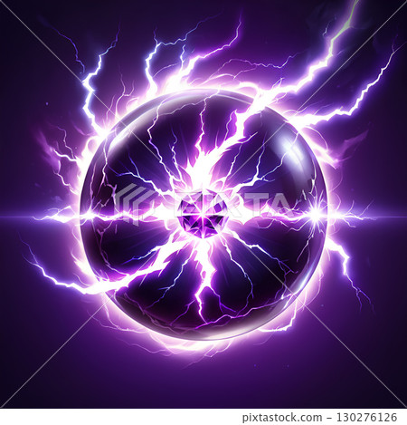Mysterious dark sphere crackles with electric purple energy and a central glowing gem, evoking power and science. 130276126