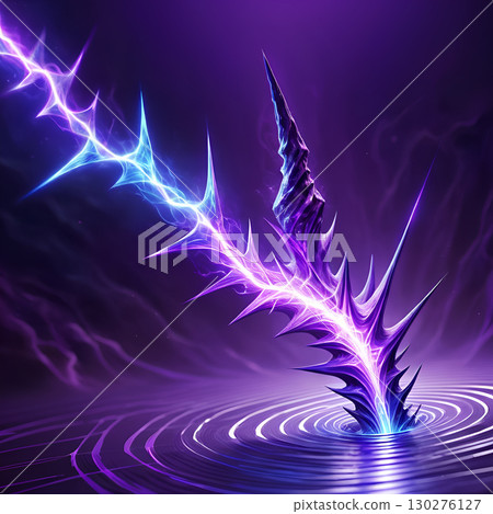 Dynamic purple energy spike pierces water creating ripples with electric blue lightning strike, a powerful futuristic concept 130276127