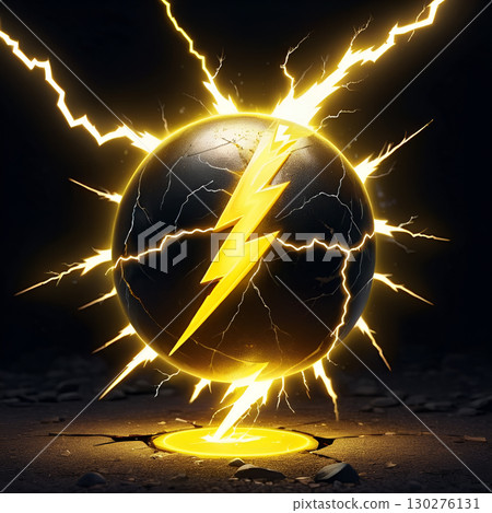 Dynamic yellow lightning bolt strikes cracked dark sphere emanating powerful electric energy on rough ground Dynamic yellow lightning bolt strikes cracked dark sphere emanating powerful electric energy on rough ground 130276131