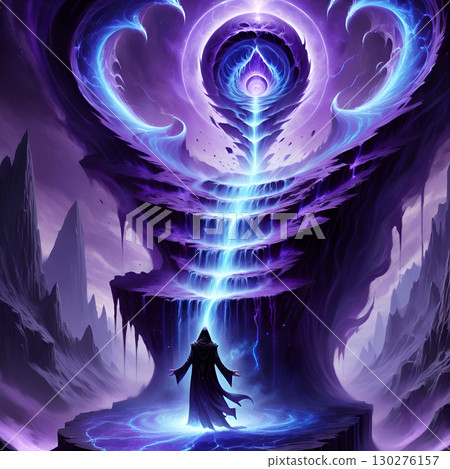 Mystical sorcerer channels cosmic energy from cascading waterfall portal in a fantasy landscape 130276157