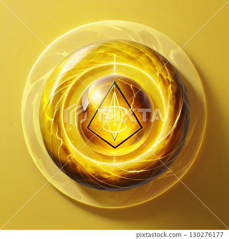 Mysterious glowing orb with sacred geometry symbol emanates powerful golden energy and swirling light Mysterious glowing orb with sacred geometry symbol emanates powerful golden energy and swirling light 130276177