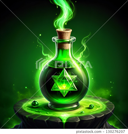 Discover this mystical glowing green potion bottle with a radiant star inside, emitting magical smoke, perfect for fantasy or science concepts. Discover this mystical glowing green potion bottle with a radiant star inside, emitting magical smoke, perfect for fantasy or science concepts. 130276207