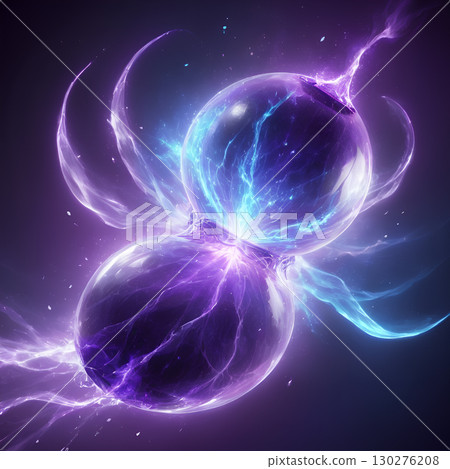 Experience the cosmic dance of glowing purple and blue energy swirling within ethereal spheres, a truly captivating visual spectacle. 130276208