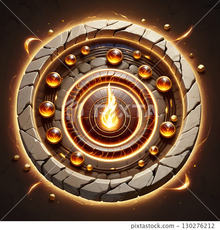 Mystical ancient stone circle ablaze with magical energy and inner fire, radiating power and ancient wisdom 130276212