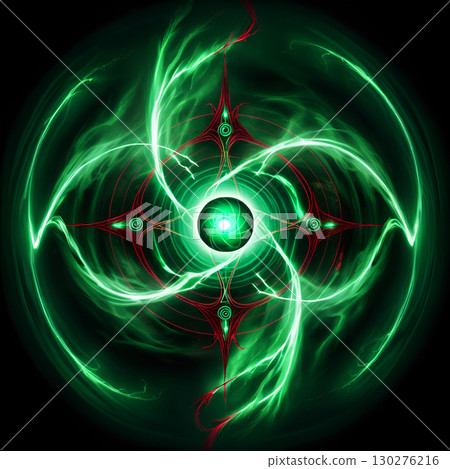 Dynamic green energy vortex with glowing core and intricate red radial patterns, representing power and innovation Dynamic green energy vortex with glowing core and intricate red radial patterns, representing power and innovation 130276216