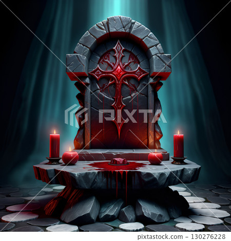 Mysterious gothic altar with dripping blood, candles, and arcane symbols creates an ominous atmosphere for dark fantasy. 130276228