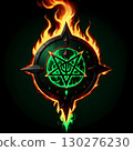 Mysterious glowing pentagram symbol engulfed in vibrant flames with dark, ominous energy, perfect for occult themes and dark fantasy. 130276230