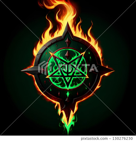 Mysterious glowing pentagram symbol engulfed in vibrant flames with dark, ominous energy, perfect for occult themes and dark fantasy. 130276230