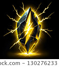Dynamic crystal shard crackles with powerful yellow lightning energy, symbolizing strength and electrical charge in a striking abstract concept. 130276233