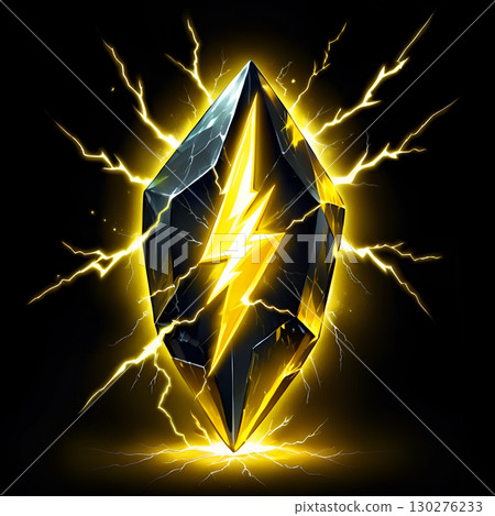 Dynamic crystal shard crackles with powerful yellow lightning energy, symbolizing strength and electrical charge in a striking abstract concept. Dynamic crystal shard crackles with powerful yellow lightning energy, symbolizing strength and electrical charge in a striking abstract concept. 130276233
