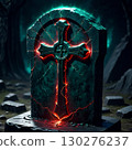 Mysterious glowing tombstone with a radiant cross creates an eerie, supernatural atmosphere in a dark, ancient graveyard setting 130276237