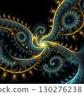 Mesmerizing fractal spiral bursts with vibrant teal and gold energy, creating an abstract, dynamic visual spectacle. 130276238