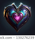 Enchanting ornate heart jewel glows with mystical purple and blue light, radiating powerful magic and romance 130276239
