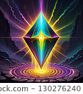 Mystical gem radiates powerful energy, casting vibrant light and magical energy on ancient stone pedestal in dramatic landscape 130276240