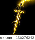 Powerful lightning-infused golden sword crackles with dynamic energy against a dark, dramatic background 130276242