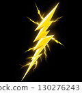 Dynamic yellow lightning bolt strikes with vibrant energy against a stark black background, symbolizing power and speed 130276243