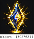 Dynamic lightning energy surges through a cracked blue and gold crystal, symbolizing power and transformation. 130276244