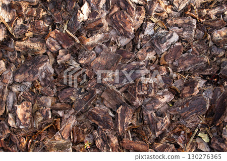 Detailed view of brown bark mulch, offering a textured, natural background. Detailed view of brown bark mulch, offering a textured, natural background. 130276365