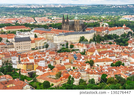 Panoramic Aerial View of Prague, Czechia - Majestic Prague Castle Overlooking the Cityscape 130276447