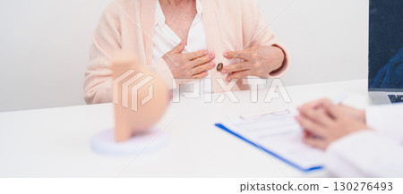 Elderly woman Patient consultation with doctor for Breast Augmentation Surgery, October Breast Cancer Awareness month, implant, Diagnosis, Beauty woman enlargement and medical healthcare concept 130276493