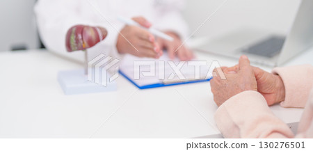 Doctor with human Liver anatomy. Elderly Patient consultation medical health for Liver cancer and Tumor, Jaundice, Viral Hepatitis, Cirrhosis, Failure, Enlarged, Hepatic Encephalopathy, Ascites Fluid 130276501