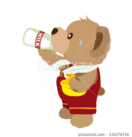 Illustration of a teddy bear drinking milk from a bottle after a bath Illustration of a teddy bear drinking milk from a bottle after a bath 130276538