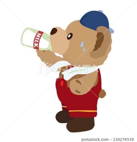 一隻泰迪熊在工作時喝著奶瓶裡的牛奶的插圖 一隻泰迪熊在工作時喝著奶瓶裡的牛奶的插圖 130276539