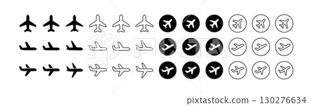Simple airplane and travel icon set, two types of details (Rounded, Sharp), editable labels 130276634