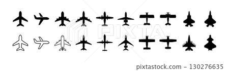 A simple icon set of various airplane silhouettes (passenger planes, fighter planes, biplanes, etc.) and travel and airplanes. 130276635