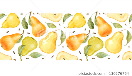 Hand-drawn illustration of a seamless horizontal border with whole pears, halves, and scattered seeds and leaves Hand-drawn illustration of a seamless horizontal border with whole pears, halves, and scattered seeds and leaves 130276764
