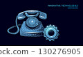 Retro telephone and gear illustration. Vintage phone communication mechanical cog low poly style. Business solutions technology connection networking. Blue color dark background wireframe vector 130276905