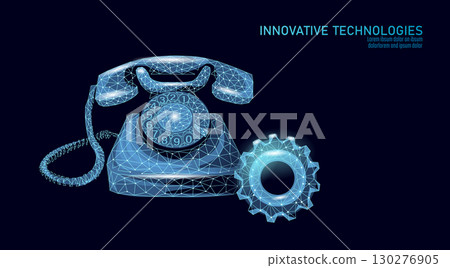 Retro telephone and gear illustration. Vintage phone communication mechanical cog low poly style. Business solutions technology connection networking. Blue color dark background wireframe vector 130276905