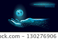 Polygonal hand holds dollar coin. Geometric arm presents currency digital finance art. Investment banking fintech stock trading business. Low poly blue dark vector illustration 130276906