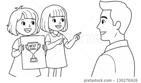 Two Daughters Giving Father Best Dad Award 130276926